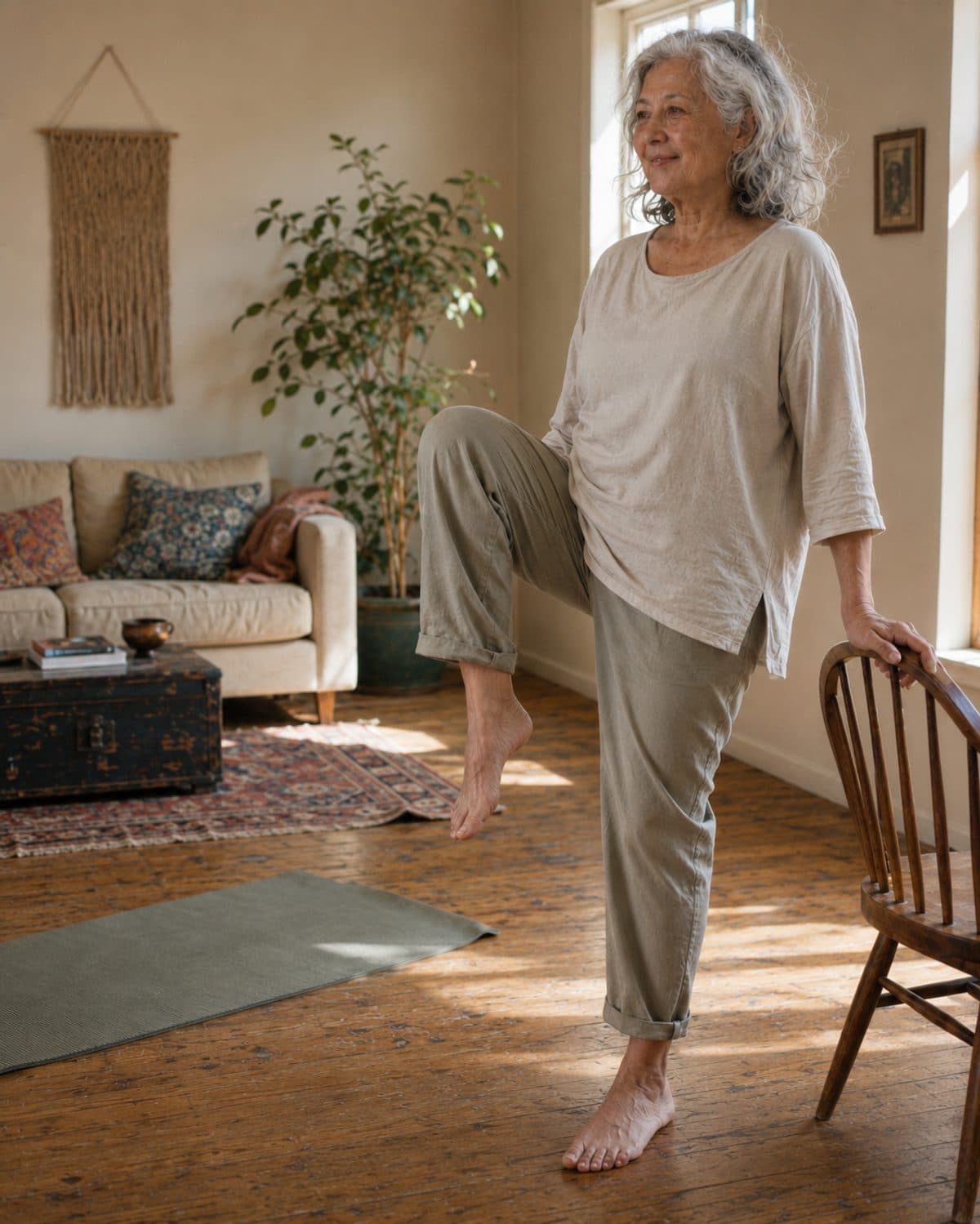 Une femme de plus de 60 ans travaille son équilibre chez elle, une main en appui sur une chaise